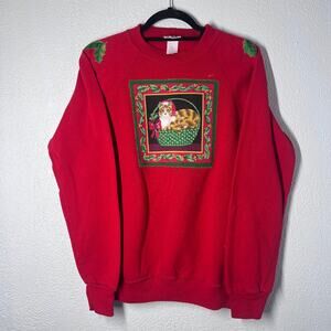Vintage 90s Lee Made in USA Red Cat Kitty Holiday Ugly Christmas Sweatshirt M